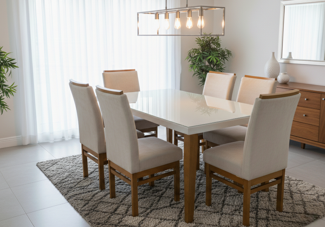 Mesas com Vidro e Cadeiras Estofadas