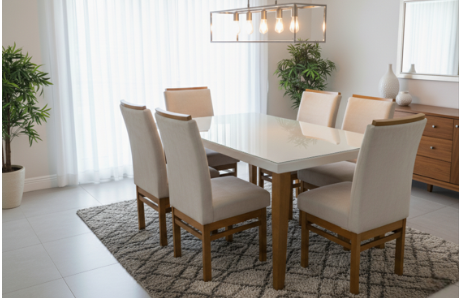 Mesas com Vidro e Cadeiras Estofadas